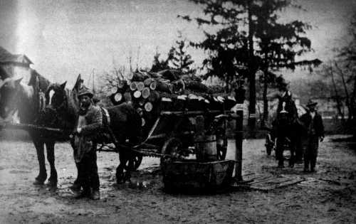 Pferdefuhrwerke mit Holz